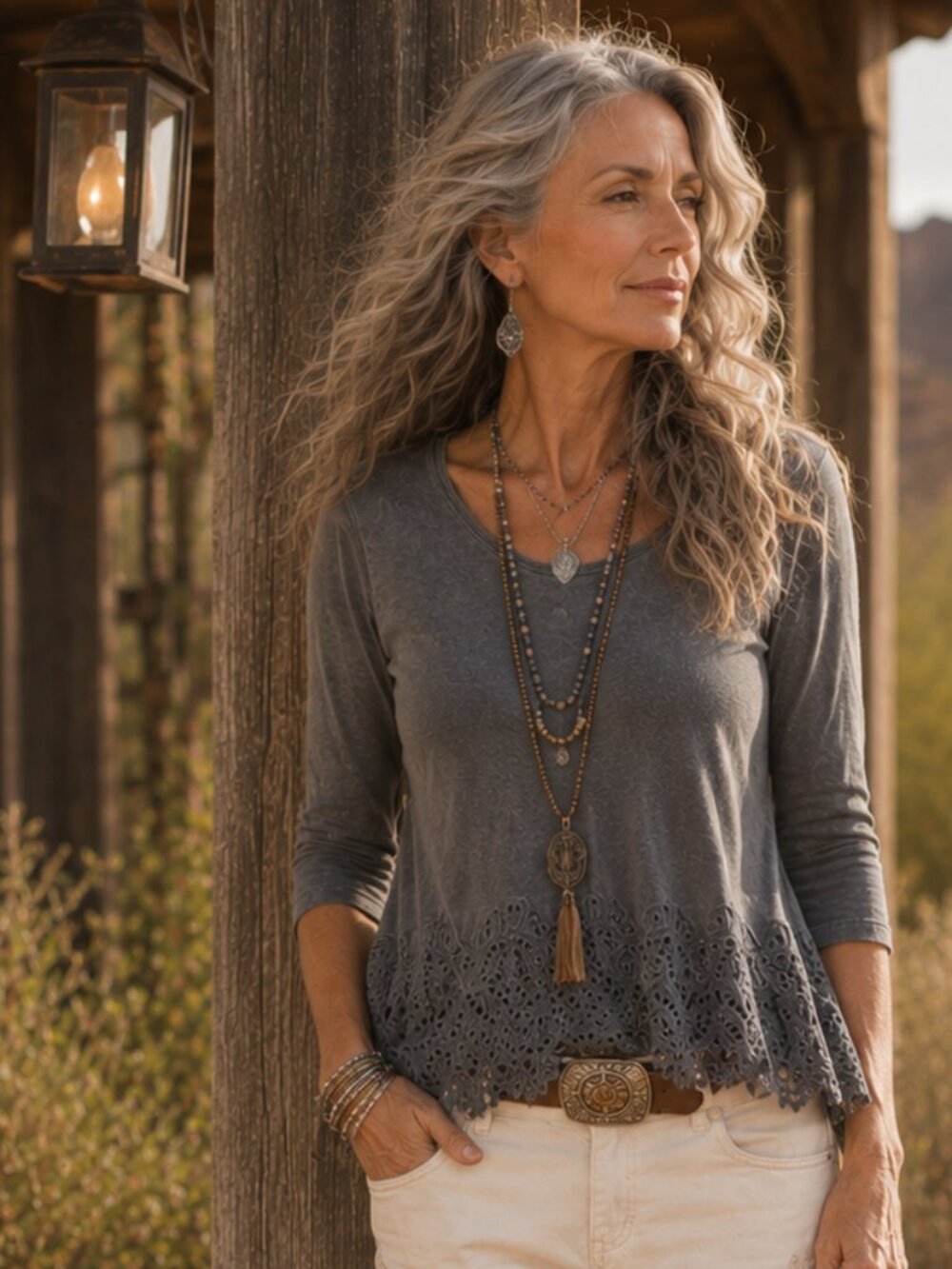Soft Surroundings Lace Eyelet Hem 3/4 Sleeve Tee